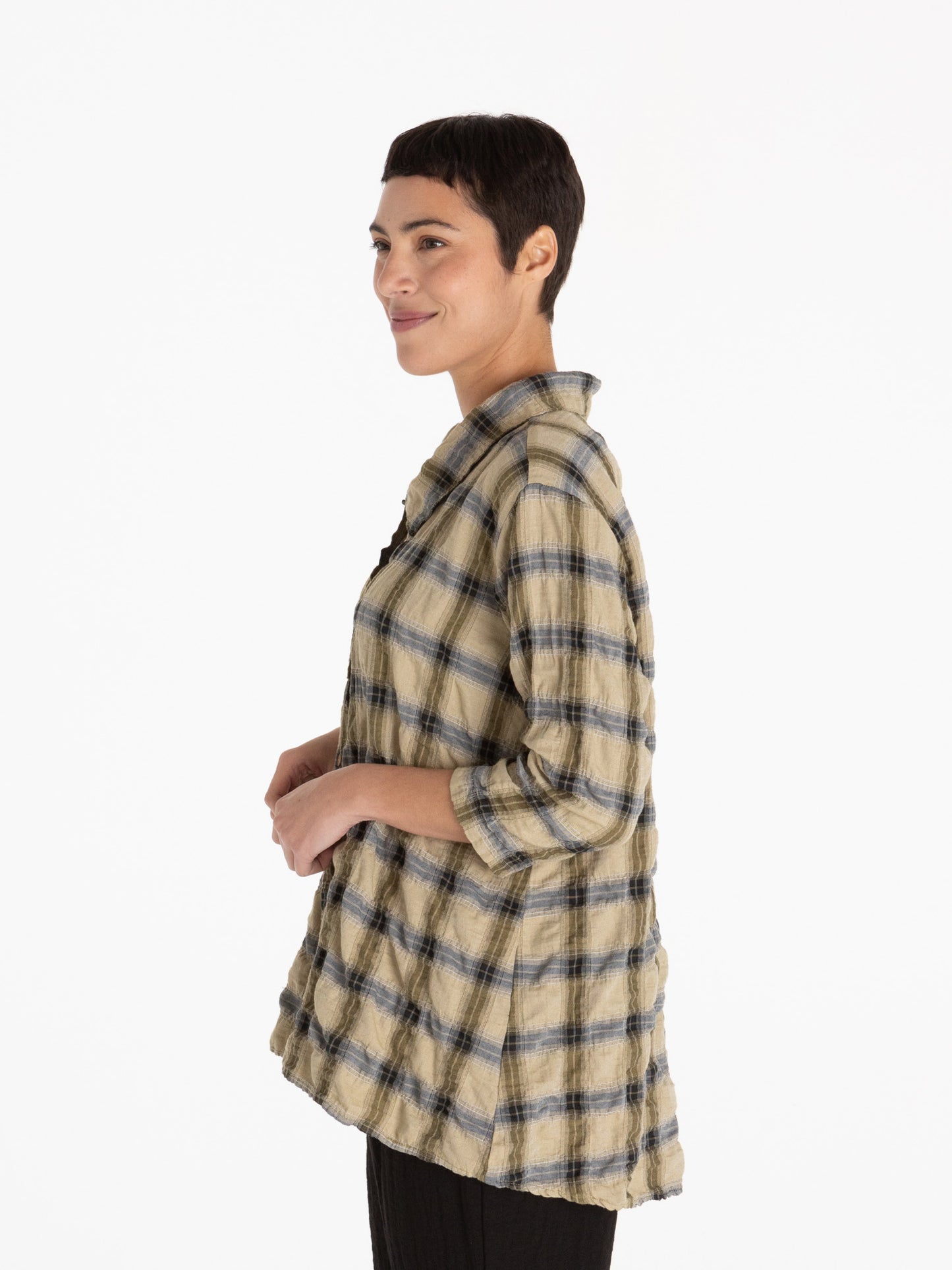 HIGH LOW SHIRT-CRINKLE PLAID