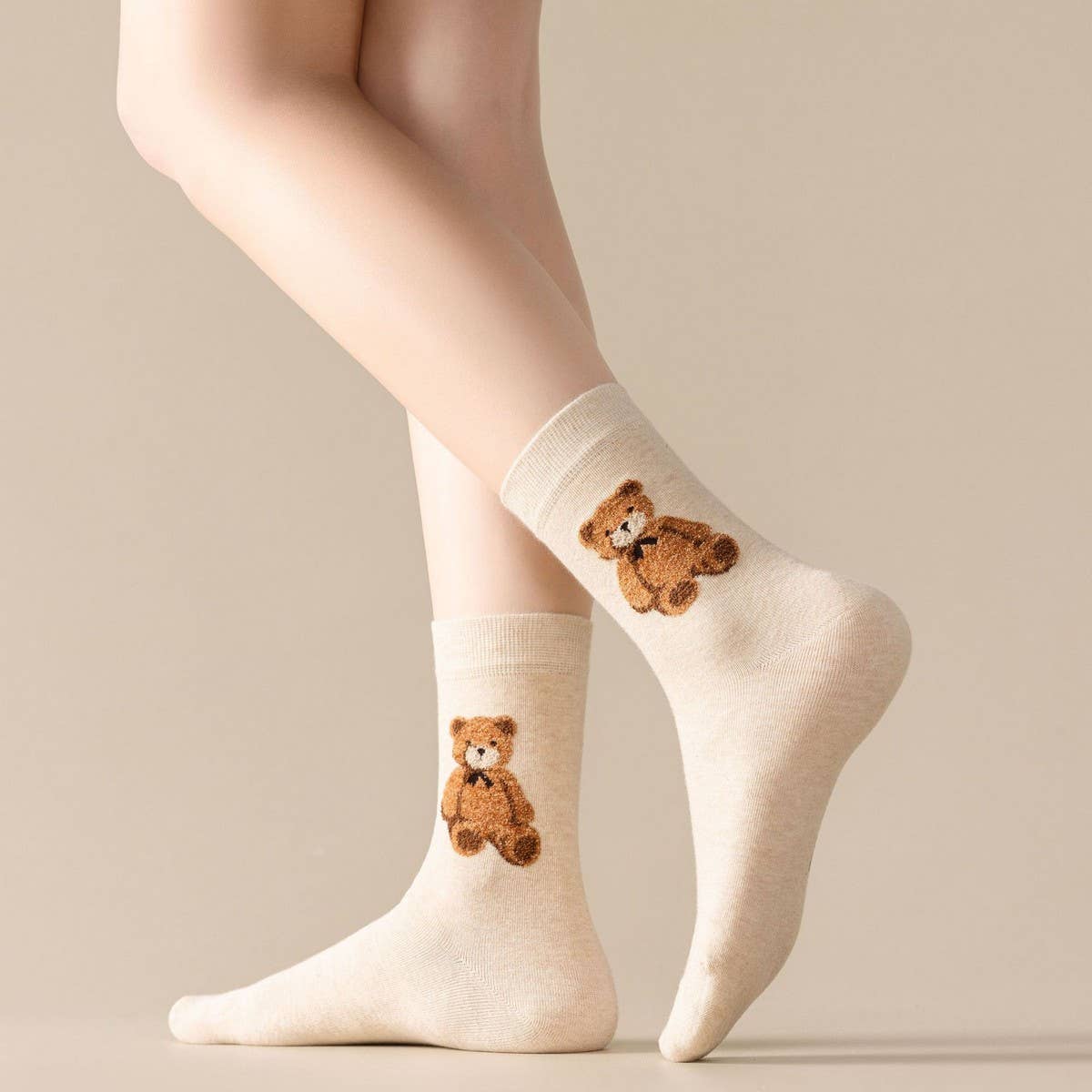 WOMEN BROWN BEAR COTTON CREW SOCKS - NINEXIS