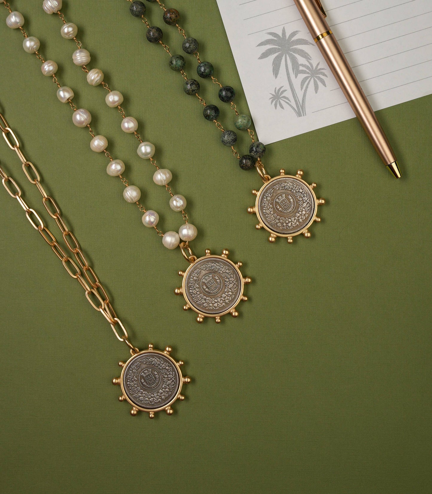 ali & bird jewelry - Matte Gold Paperclip Chain & French Coin Pendant Necklace