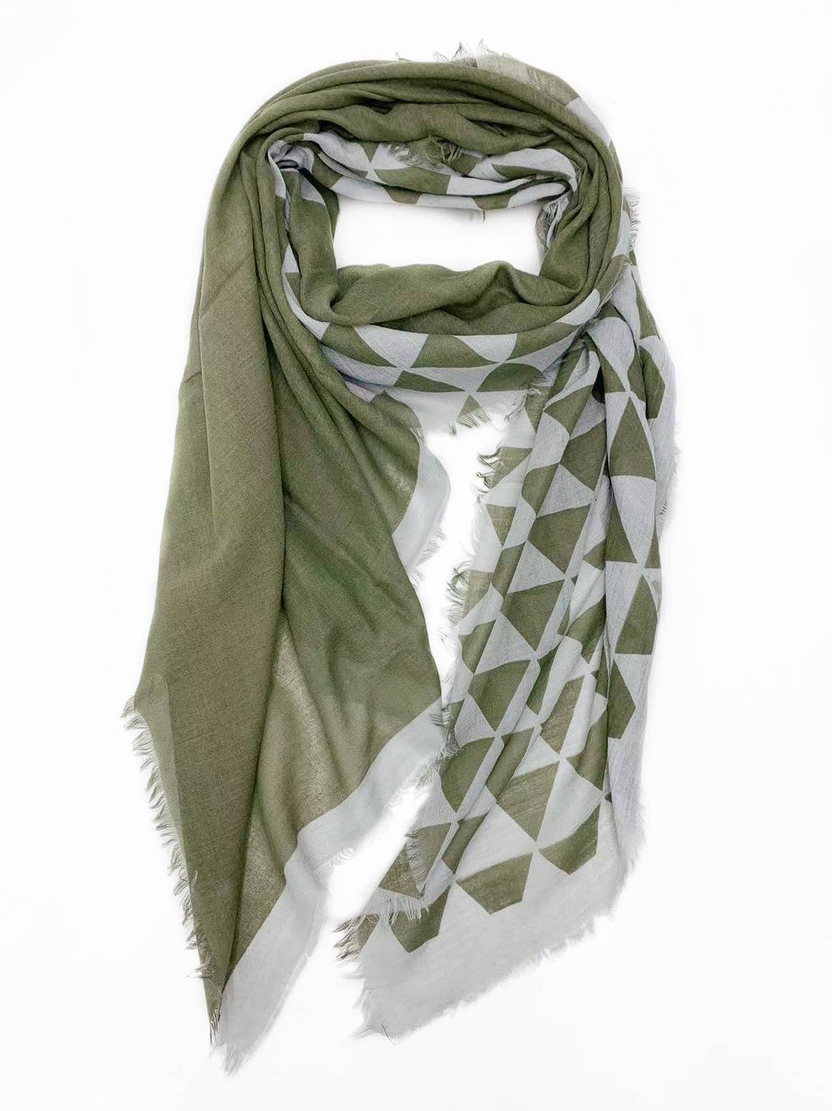 JC Sunny Fashion - JC020214 Green & White Geometric Fringe Scarf