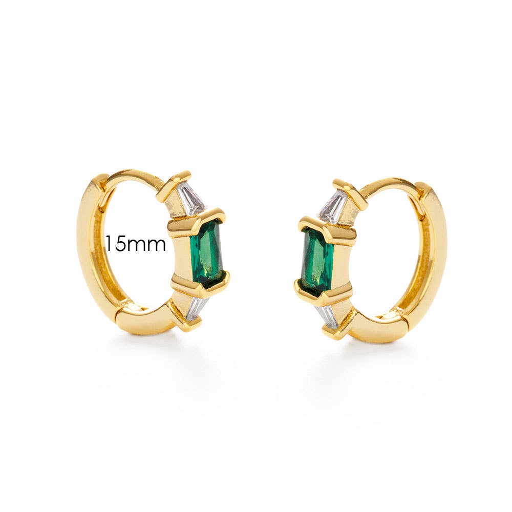 Emerald Green + Crystal Baguette Huggie Hoop Earrings - Amano Studio