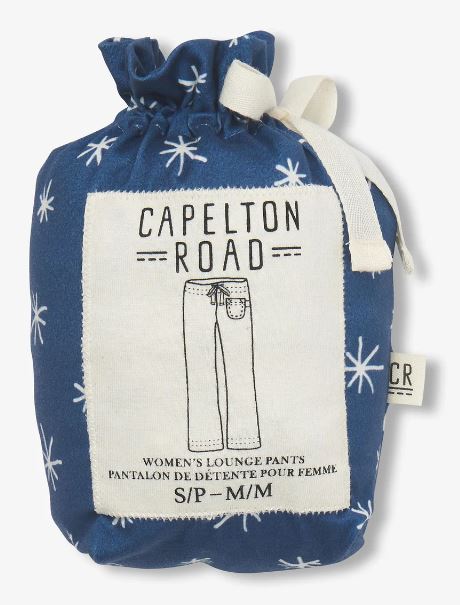blue snowflakes pj pants in a bag