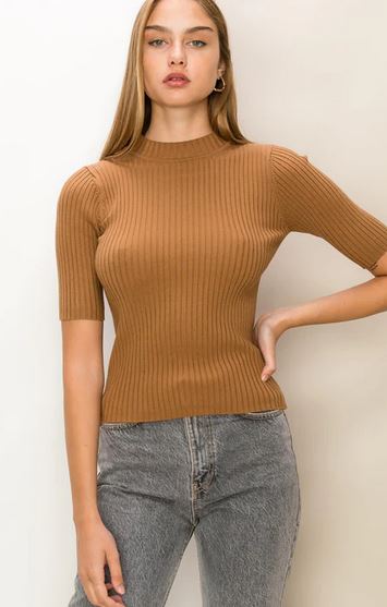 SHE'S COOL MOCK-NECK RIBBED SWEATER TOP