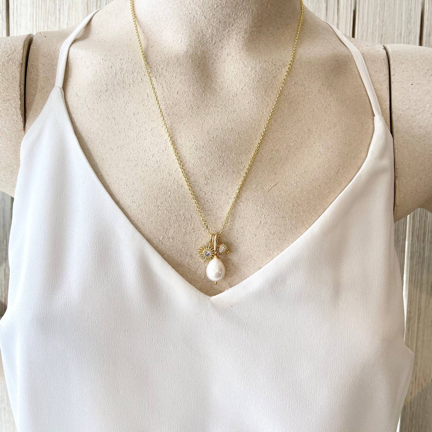 Pearl, Sun, Micro Pave Necklace