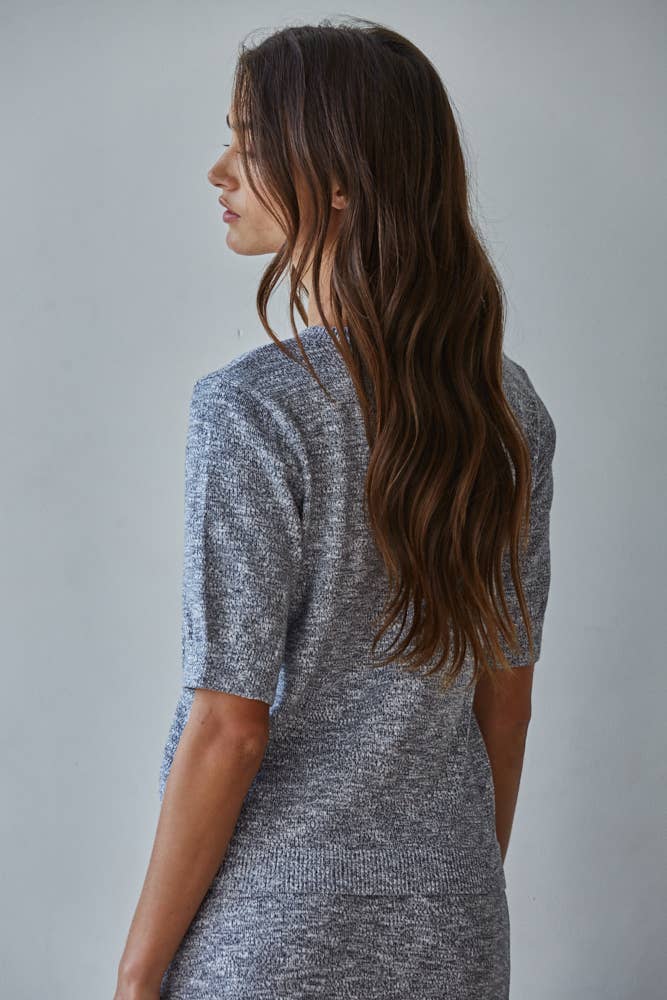 By Together - W2448T | Knit Sweater Round Neck Short Sleeve Top