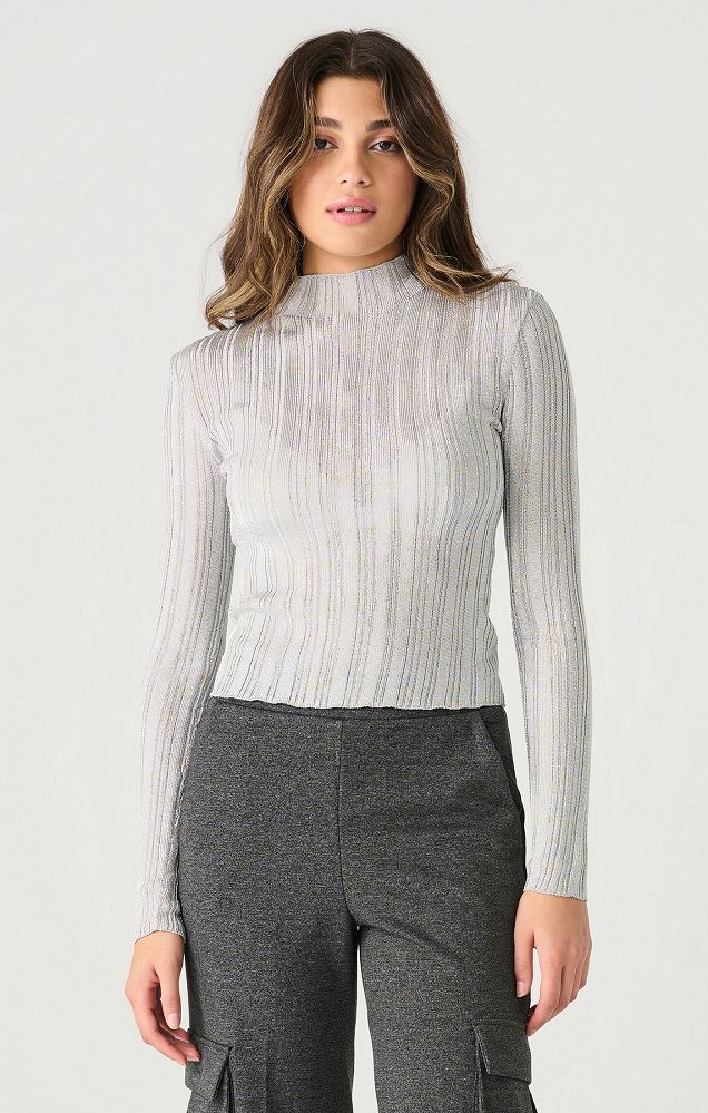 LS MOCK NECK RIBBED SHIMMER TOP