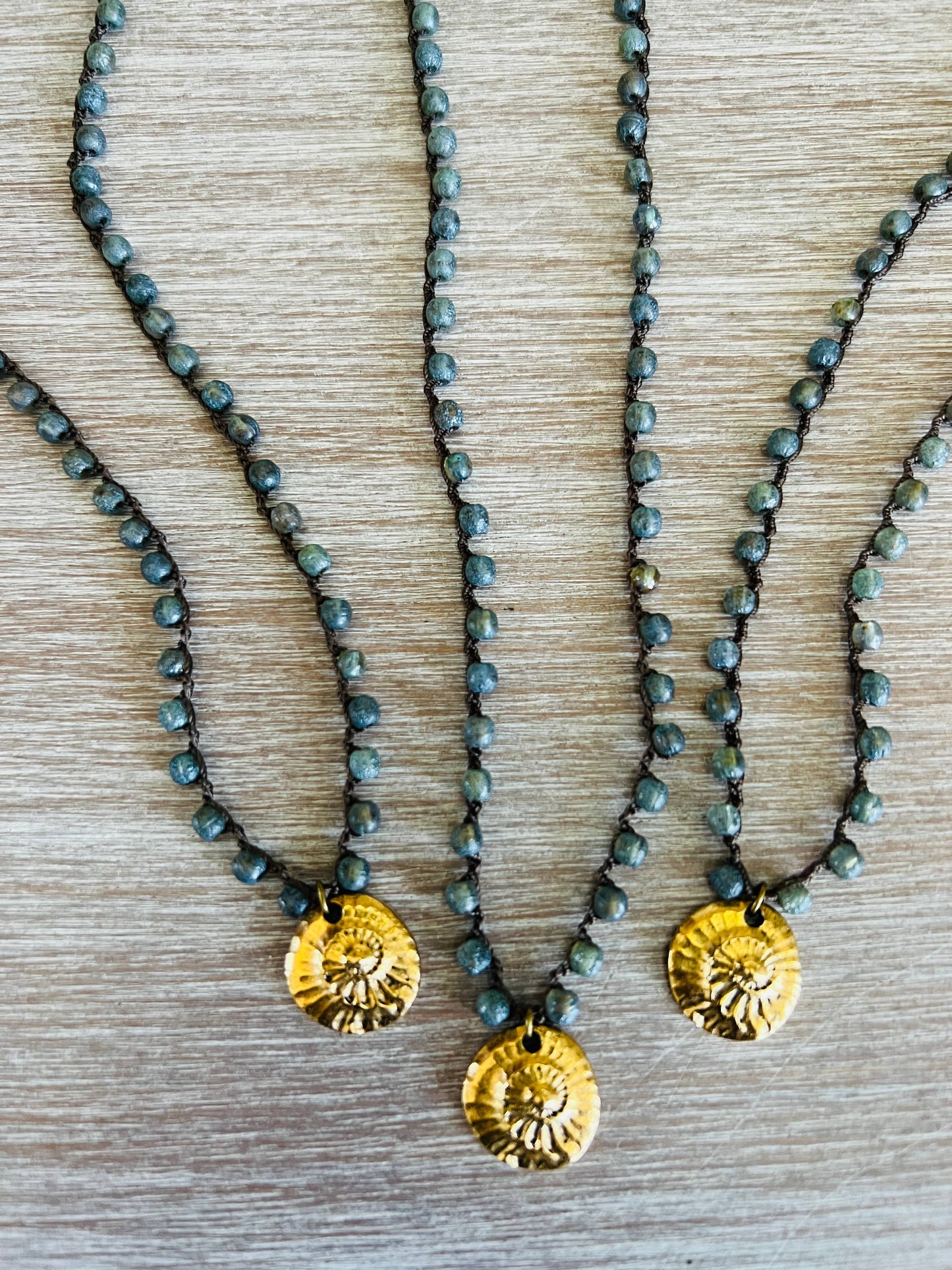 Twist Style - Golden Fossil Charm And Crocheted Denim Czech Crystal Strand