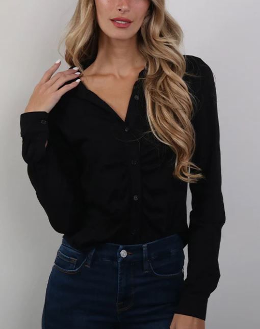 BUTTON FRONT SHIRRED PLACKET TEE