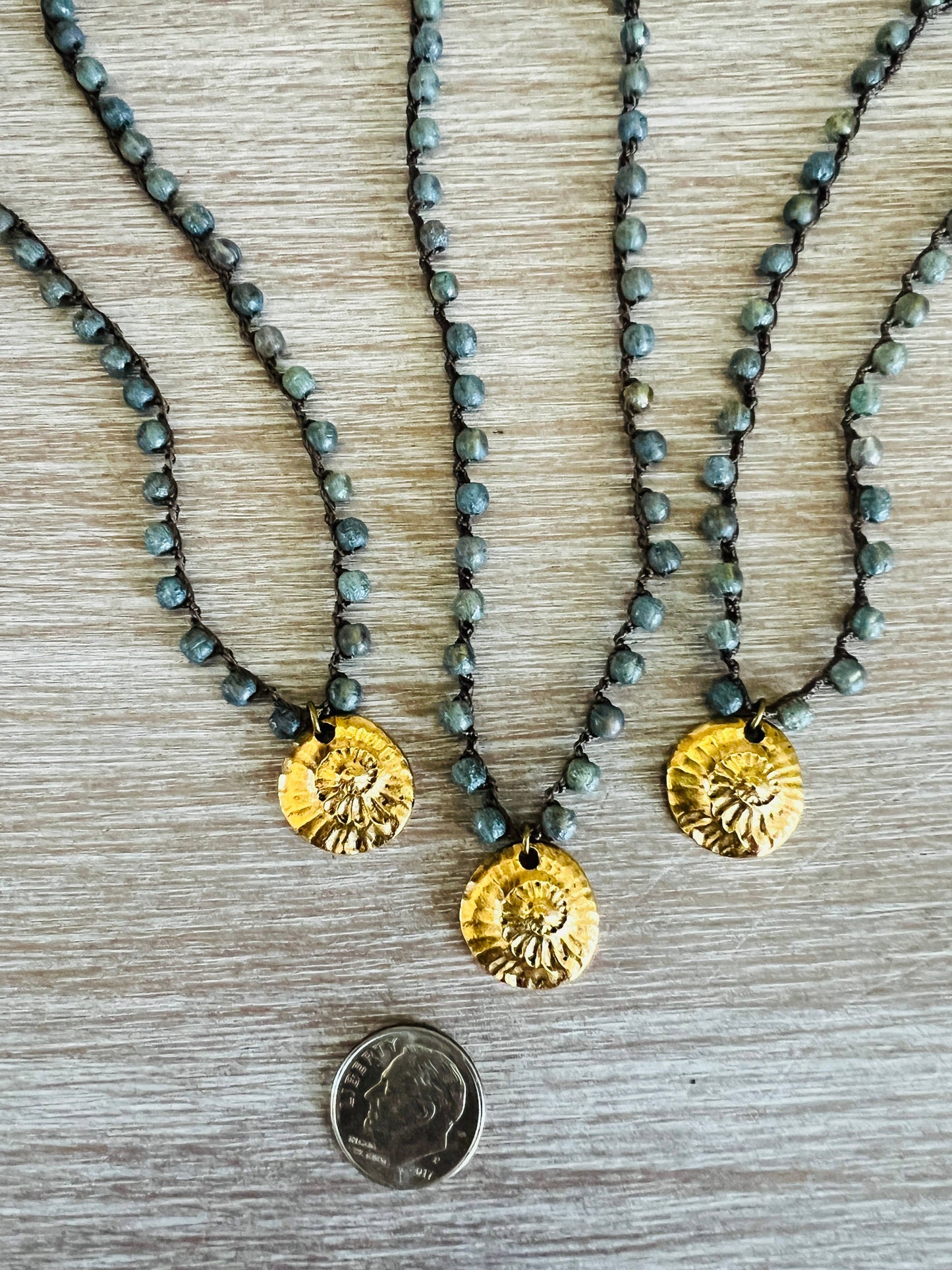 Twist Style - Golden Fossil Charm And Crocheted Denim Czech Crystal Strand