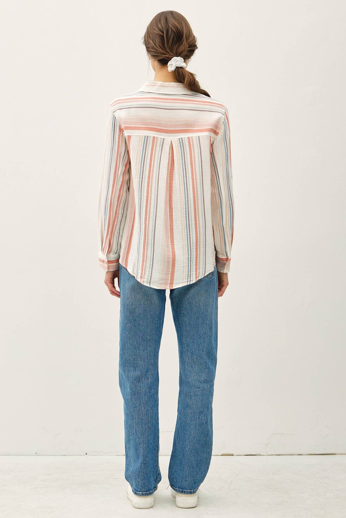 Be Cool - STRIPED GAUZY BUTTON UP TOP W/ ROLL UP SLEEVES