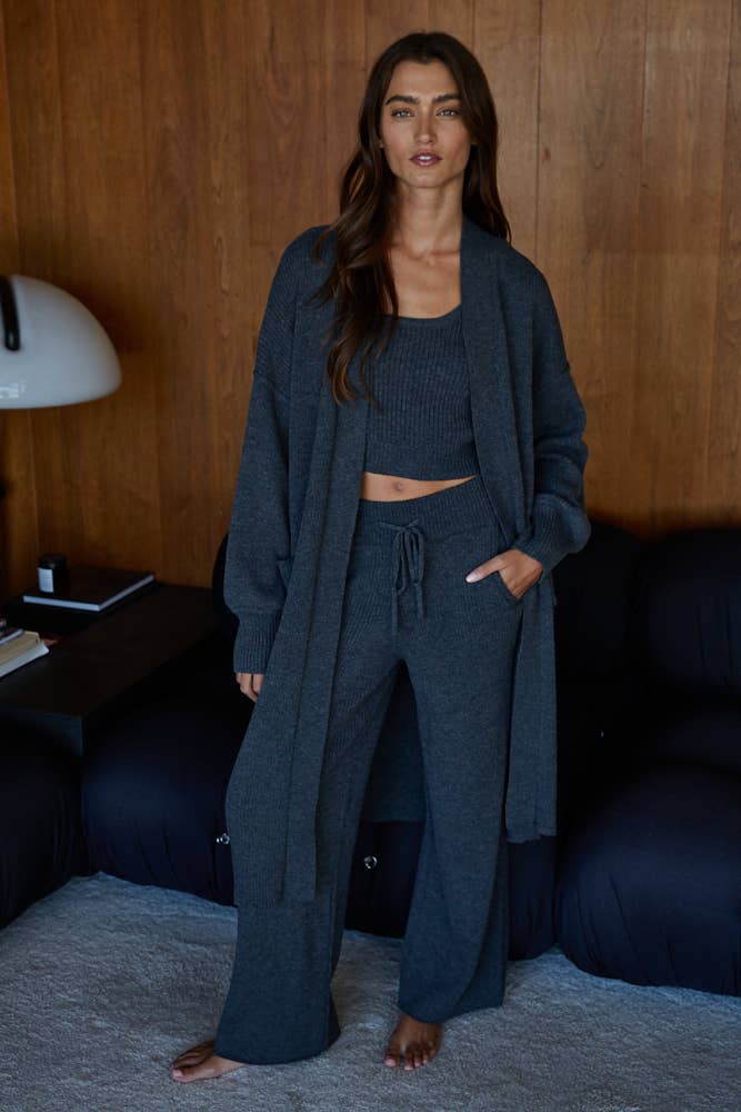 By Together - W2242B | Knit Sweater Ribbed Straight Leg Pants