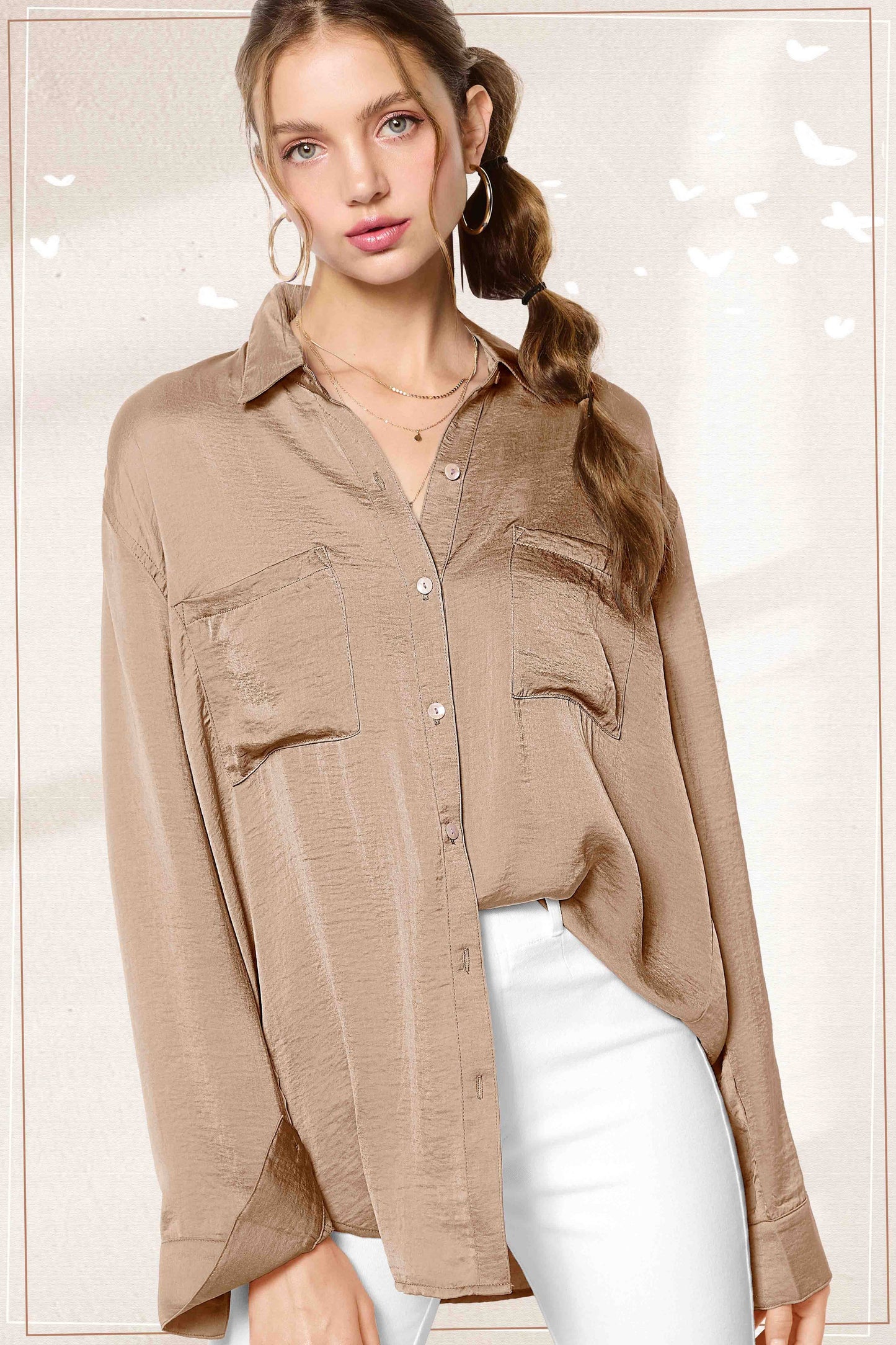 La Miel - SRT7452-Silky and Flowy Button Down Long Sleeve Shirts