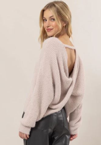 Fuzzy Knit Twist Back Sweater