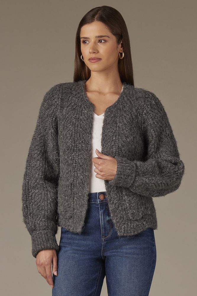 LONG BLOUSON SLEEVE, COLLARLESS OPEN FRONT, PATCH POCKET SWEATER CARDIGAN