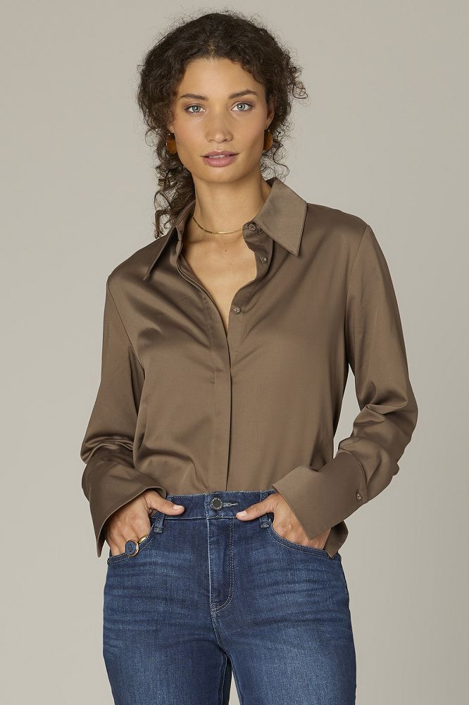 LONG SLEEVE W/ FRENCH CUFF, HIDDEN PLACKET, BUTTON DOWN WOVEN SHIRT