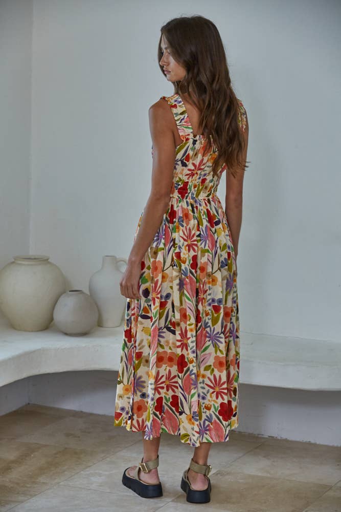 L9342 | Woven Cotton Rayon Floral Print Sleeveless Dress