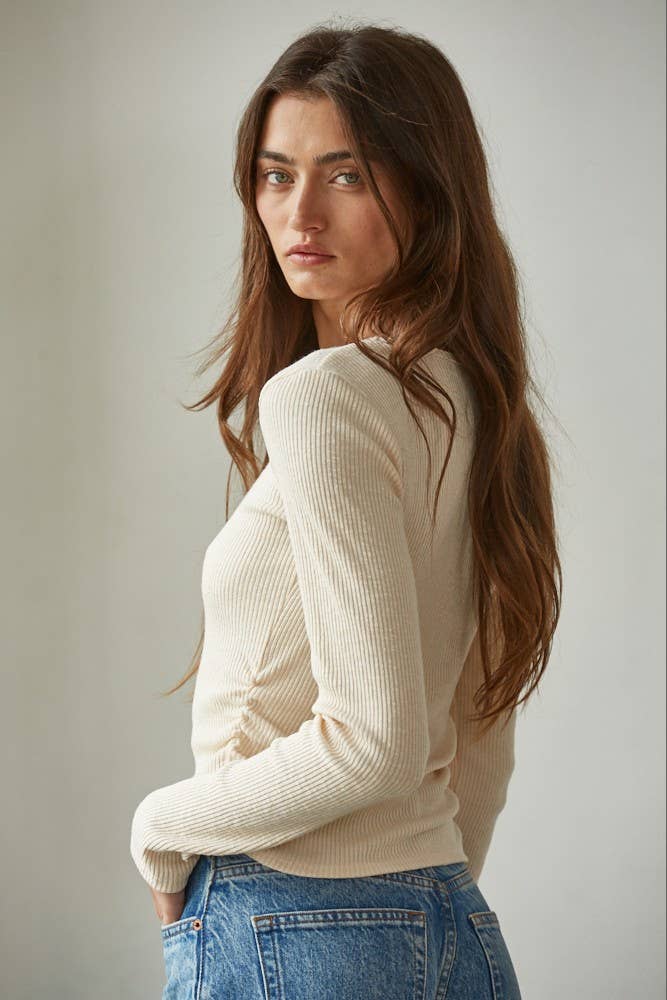 By Together - RJ3536 | Knit Ribbed Long Sleeve Side Ruching Top