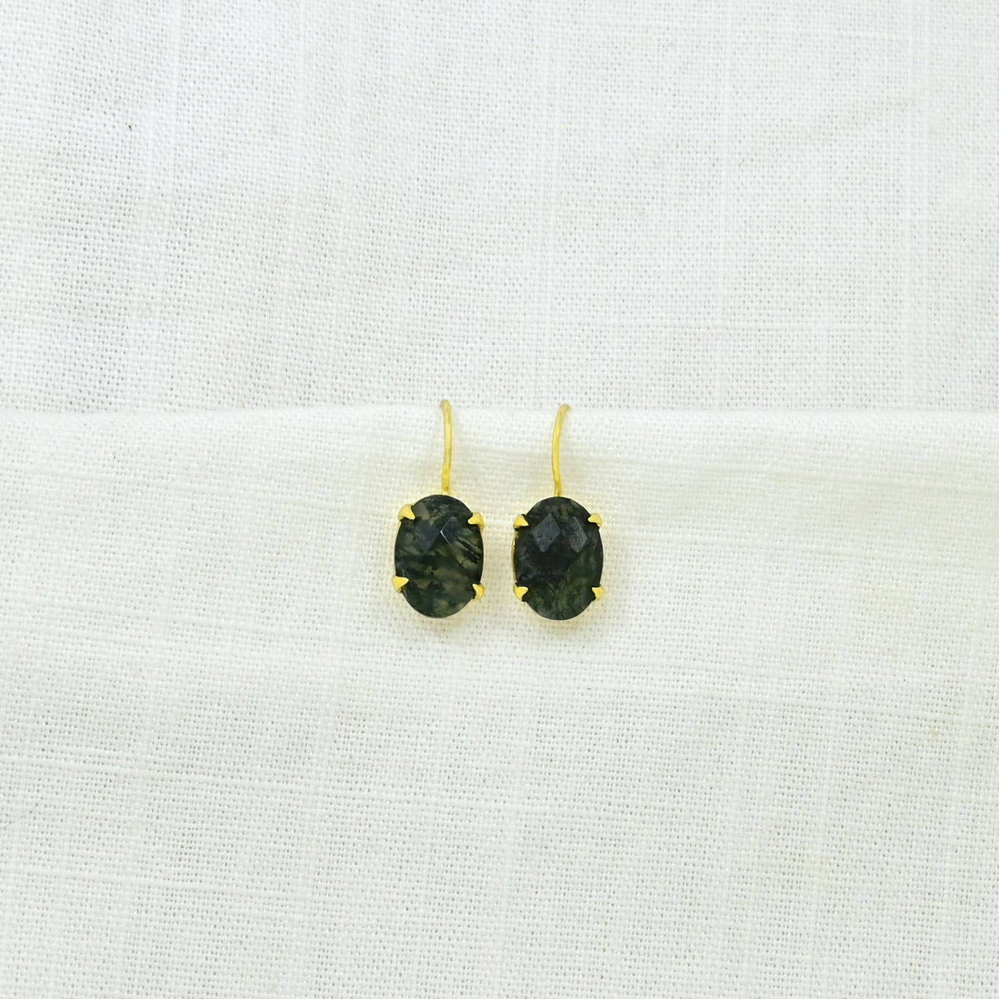 Schmuckoo Berlin - Oval Prong Gemstone Earrings Gold - Green Moss Agate
