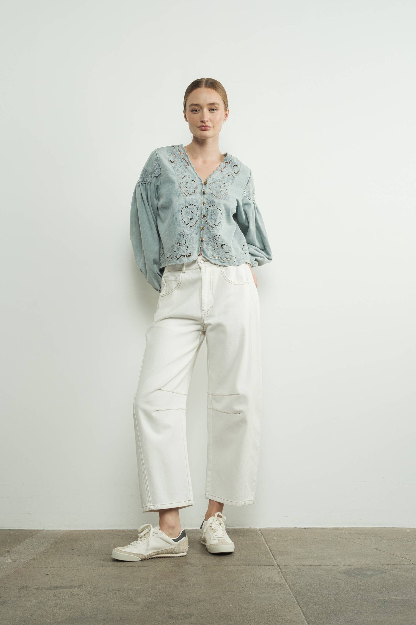 Aaron & Amber - MAT2892 DENIM EMBROIDERY VOLUME SLEEVE BLOUSE TOP