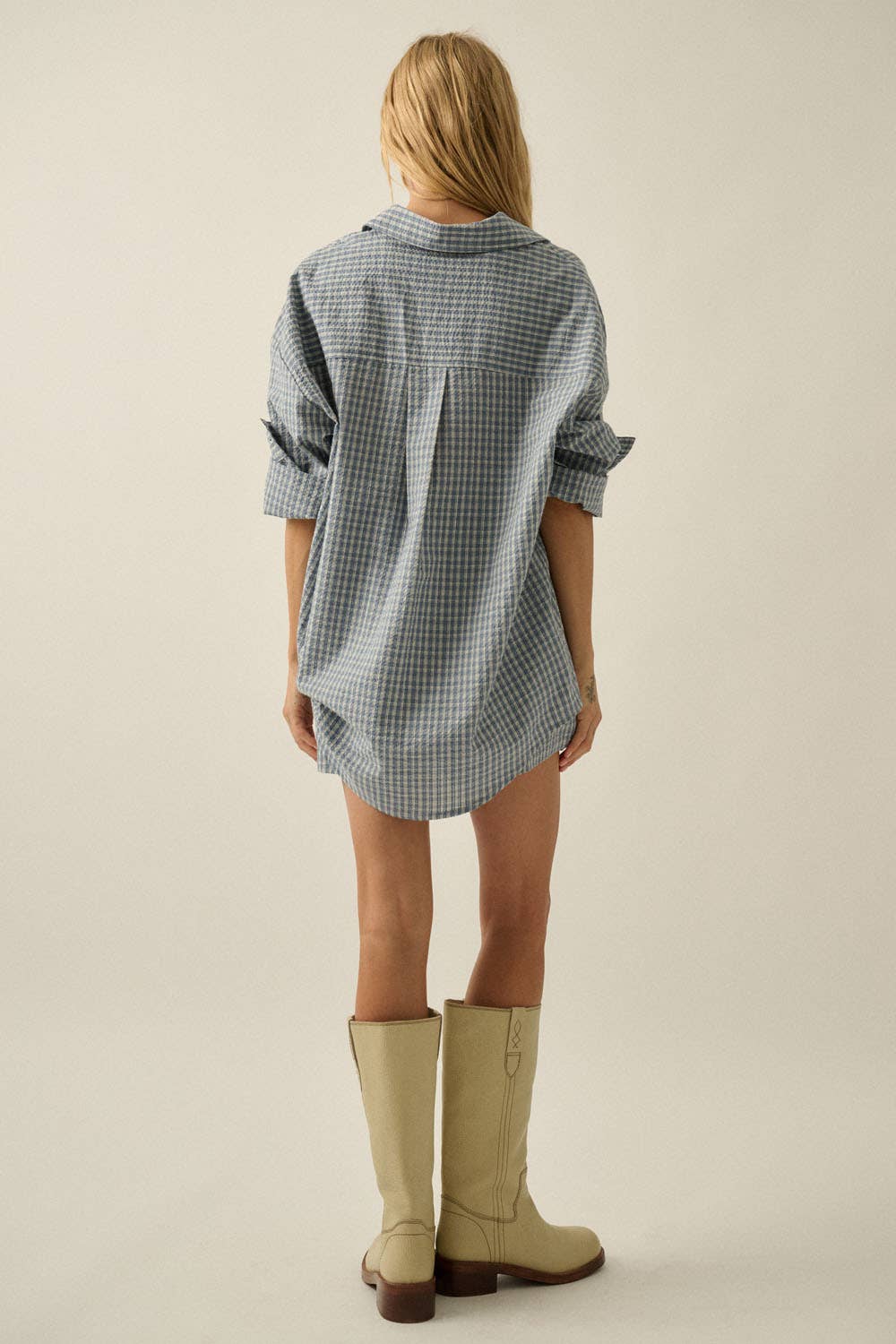 Promesa USA - Plaid Textured Seersucker Oversize Button-Up Pocket Shirt