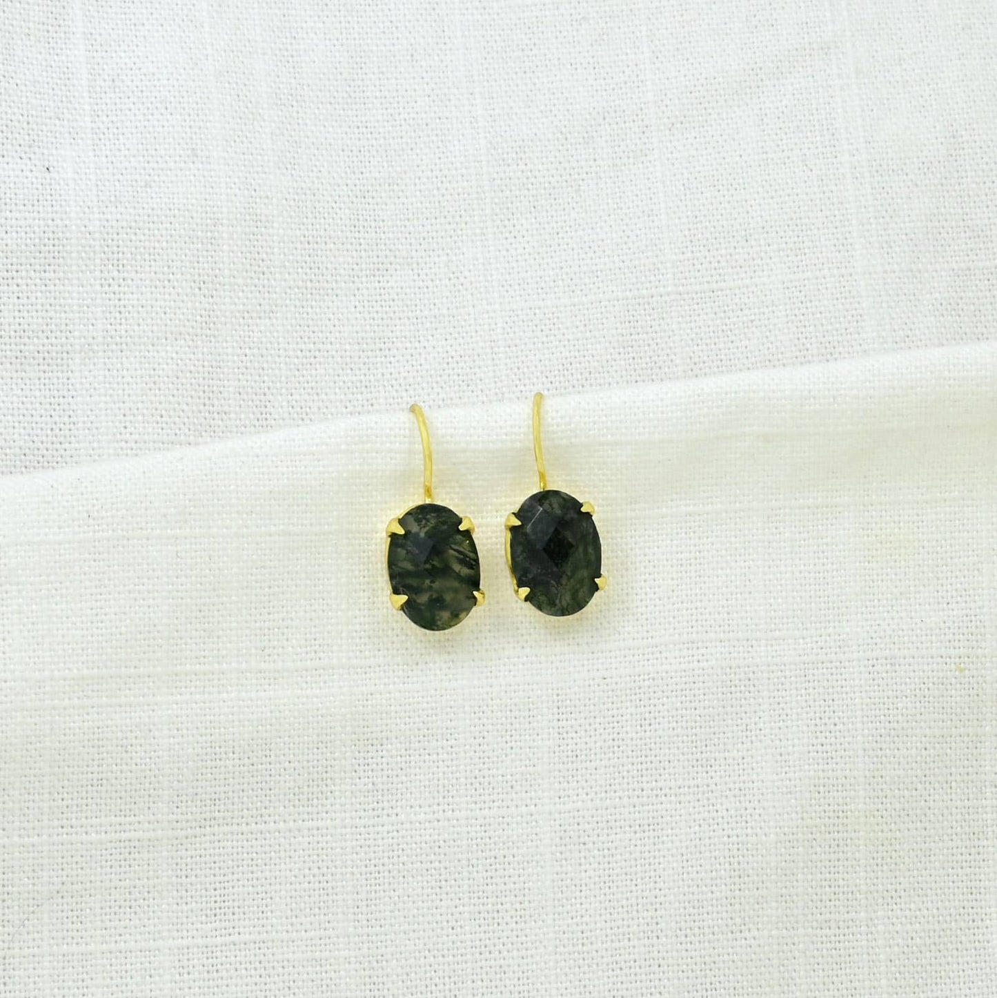 Schmuckoo Berlin - Oval Prong Gemstone Earrings Gold - Green Moss Agate
