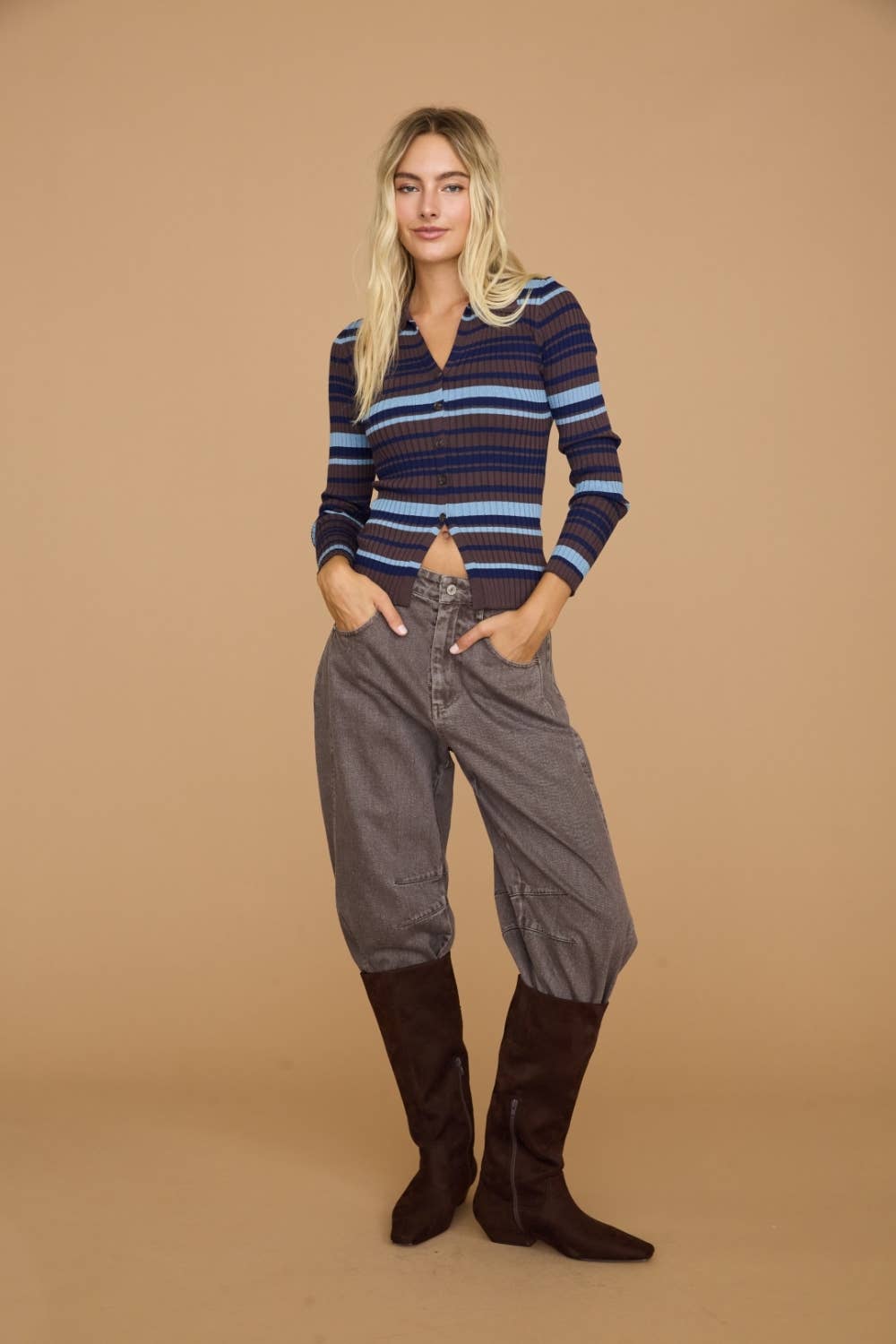 Striped Ribbed Polo Collar Button Knit Top - Dottie Dottie