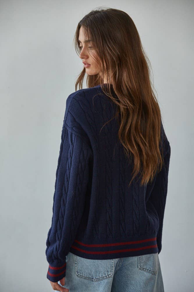 Knit Cable Sweater V-Neck Long Sleeve Pullover Top - By together