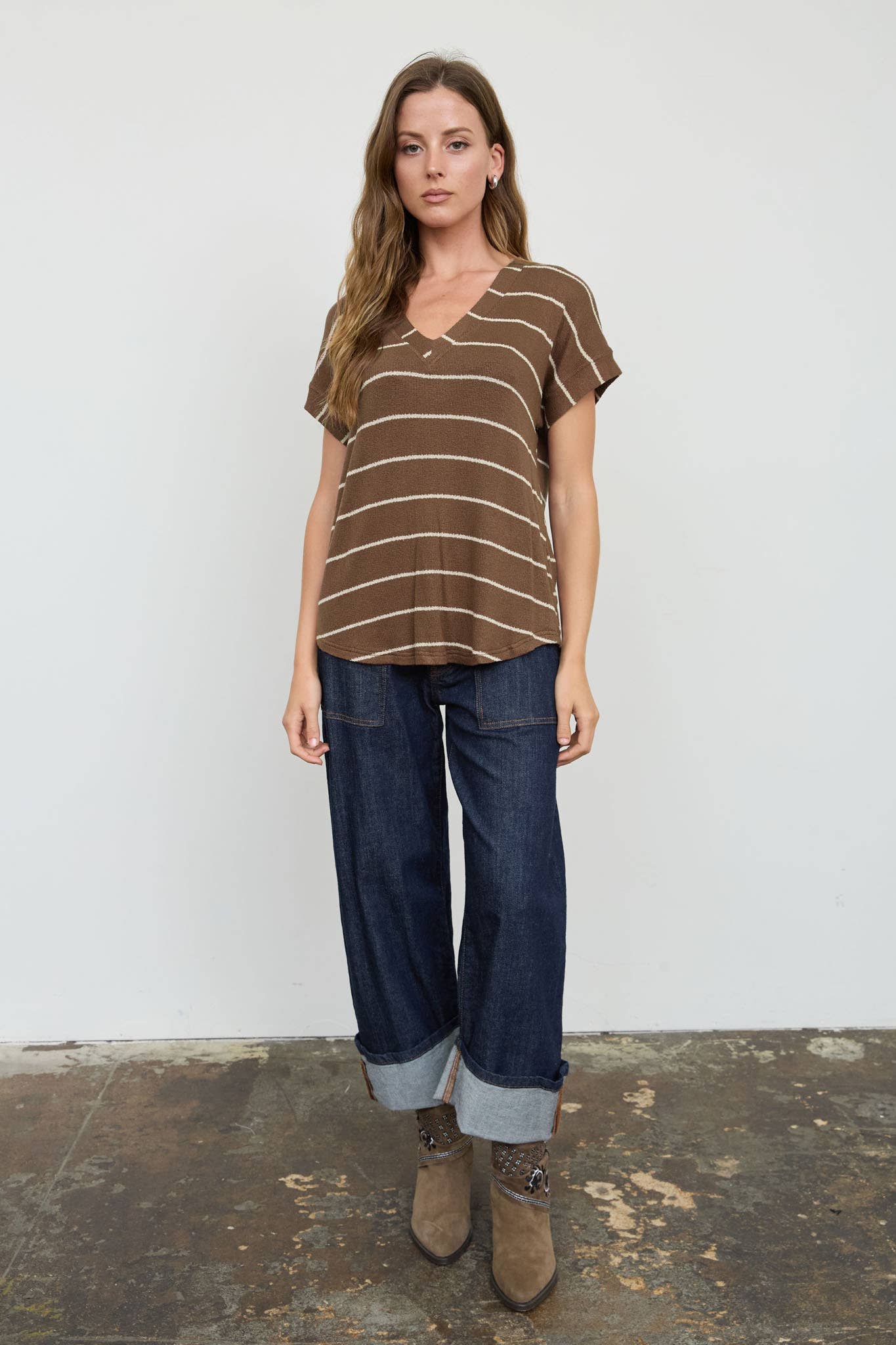 STRIPE V NECK CUFFED SLEEVE KNIT TOP - Blu Pepper