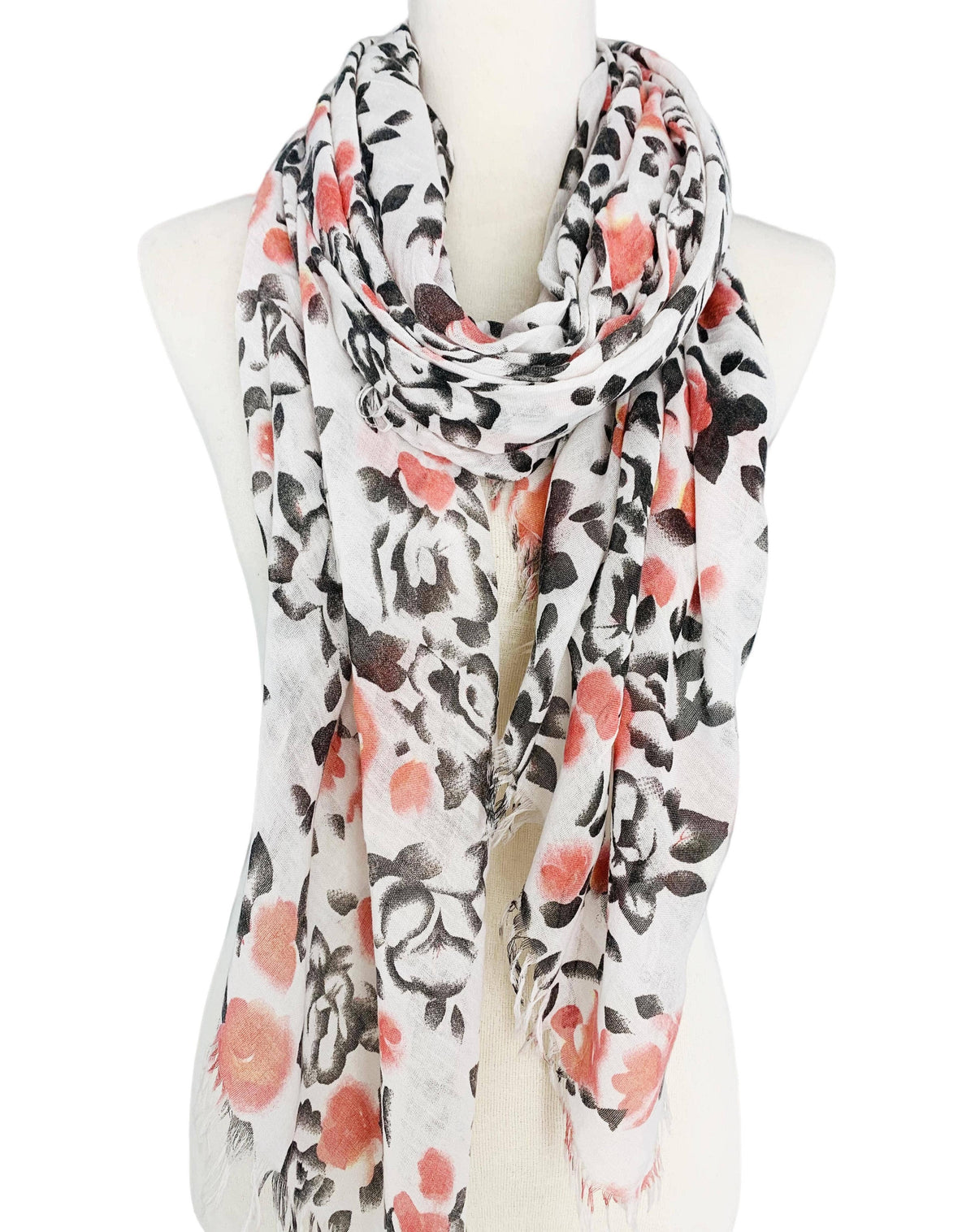 JC Sunny Fashion - JC021019 Stonewash Style White-Grey Floral Scarf