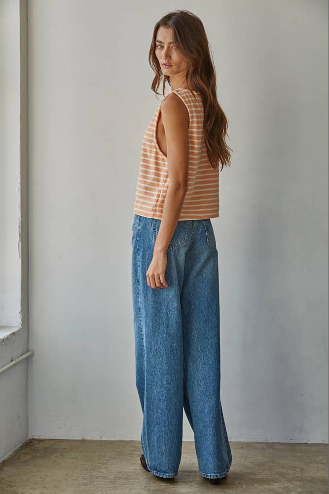 By Together - L9620 | Knit Cotton Striped Round Neck Sleeveless Top