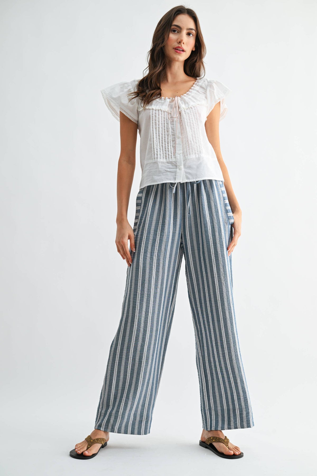Striped Wide Leg Drawstring Pants - Camellia