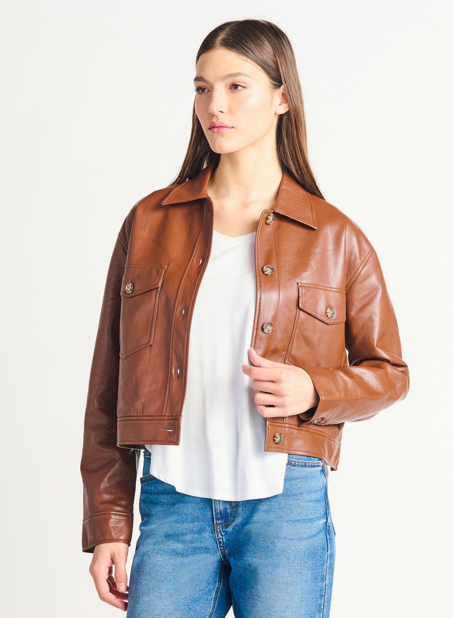 BUTTON FRONT FAUX LEATHER JACKET