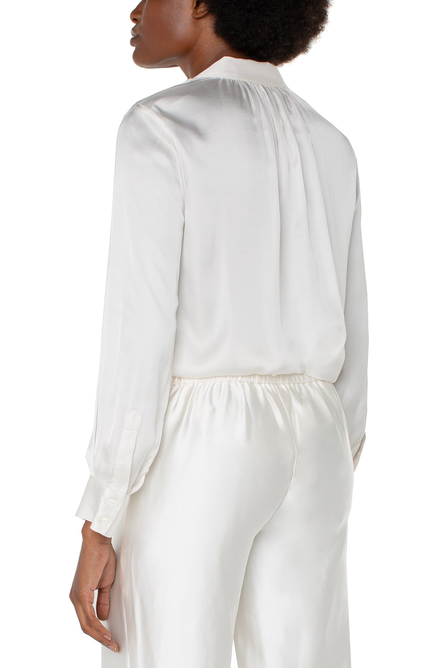 long sleeve collared button front woven blouse