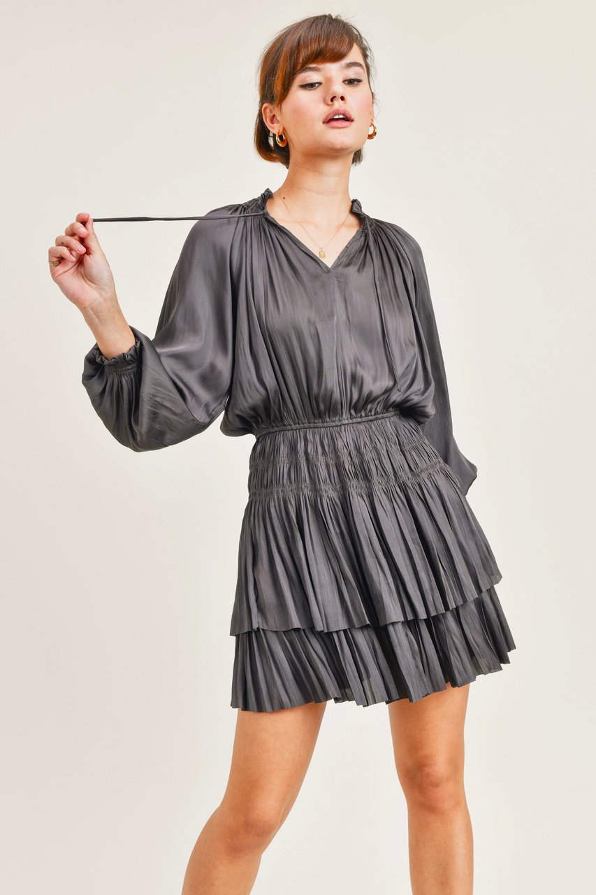 satin long sleeve waist smoking detail layered dress - Elements Berkeley