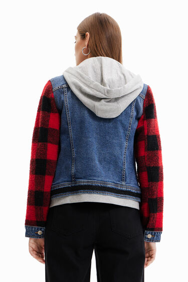 Denim jacket with plaid sleeves