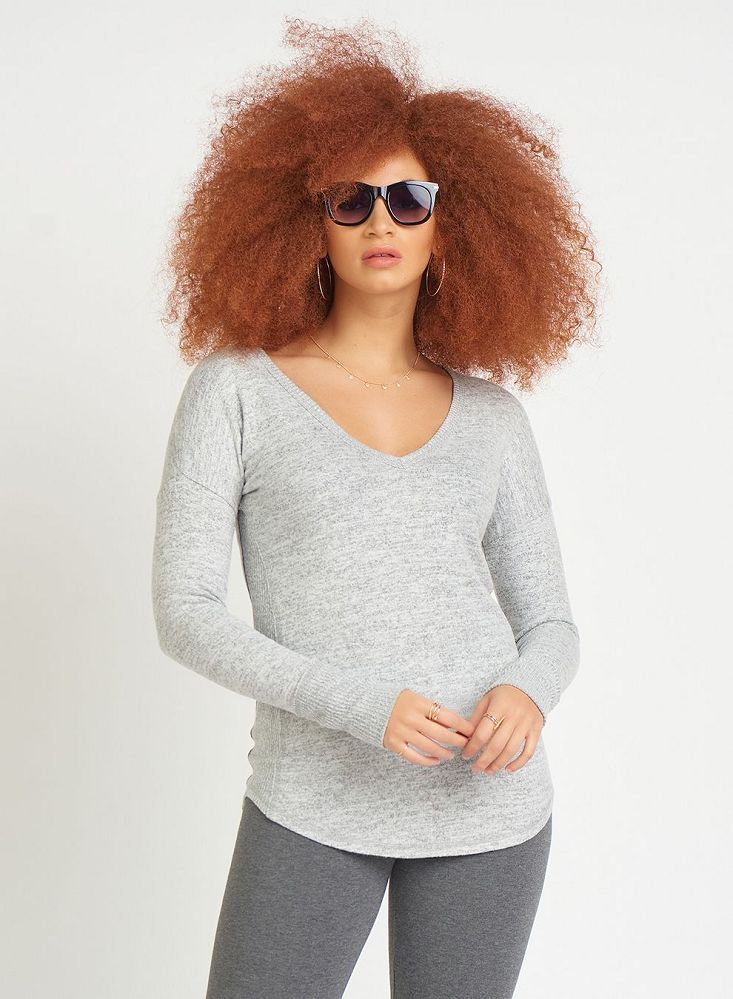 DEX Long Sleeve Rounded Hem V-Neck