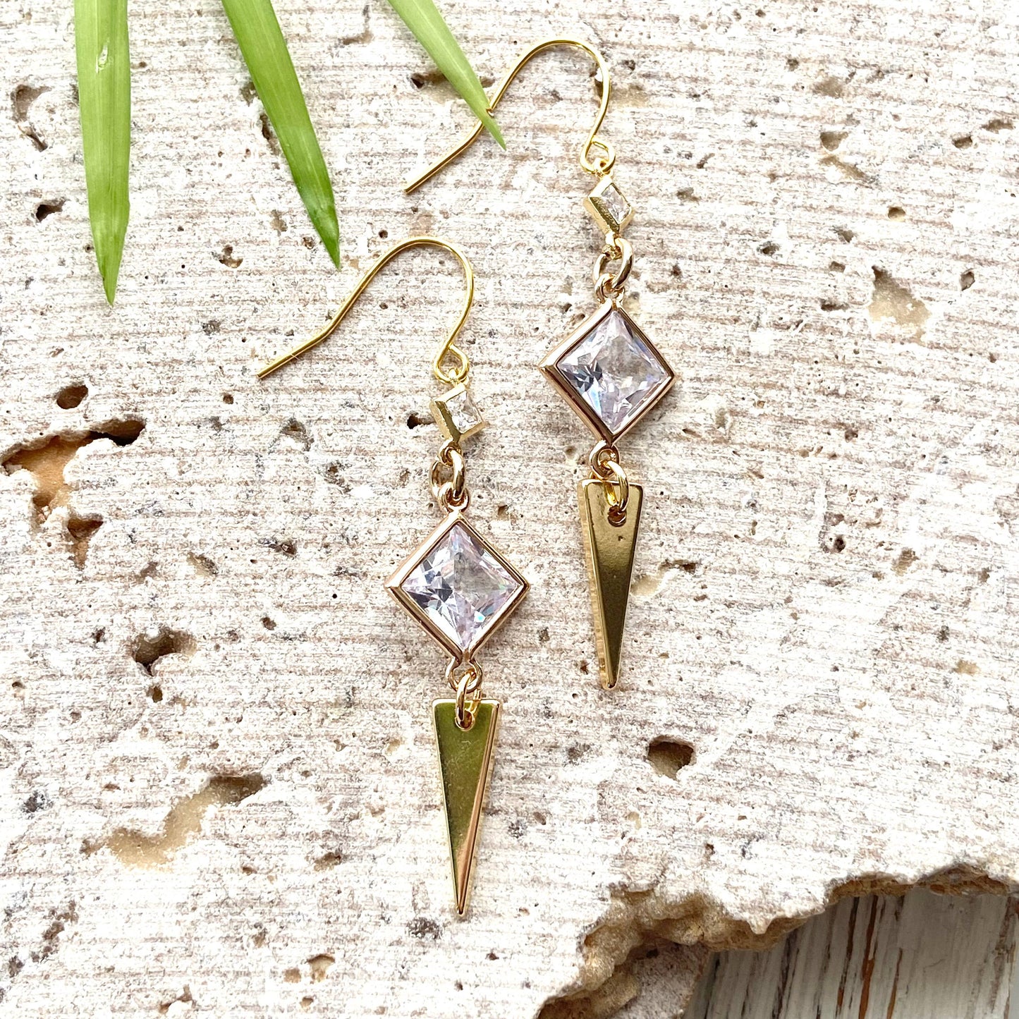 Gold crystal earrings diamond triangle