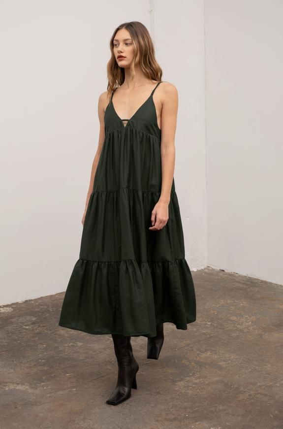 Moon River Spaghetti Cutout Tiered Midi Dress Moon River Spaghetti Cutout Tiered Midi Dress