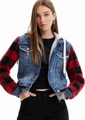 Denim jacket with plaid sleeves