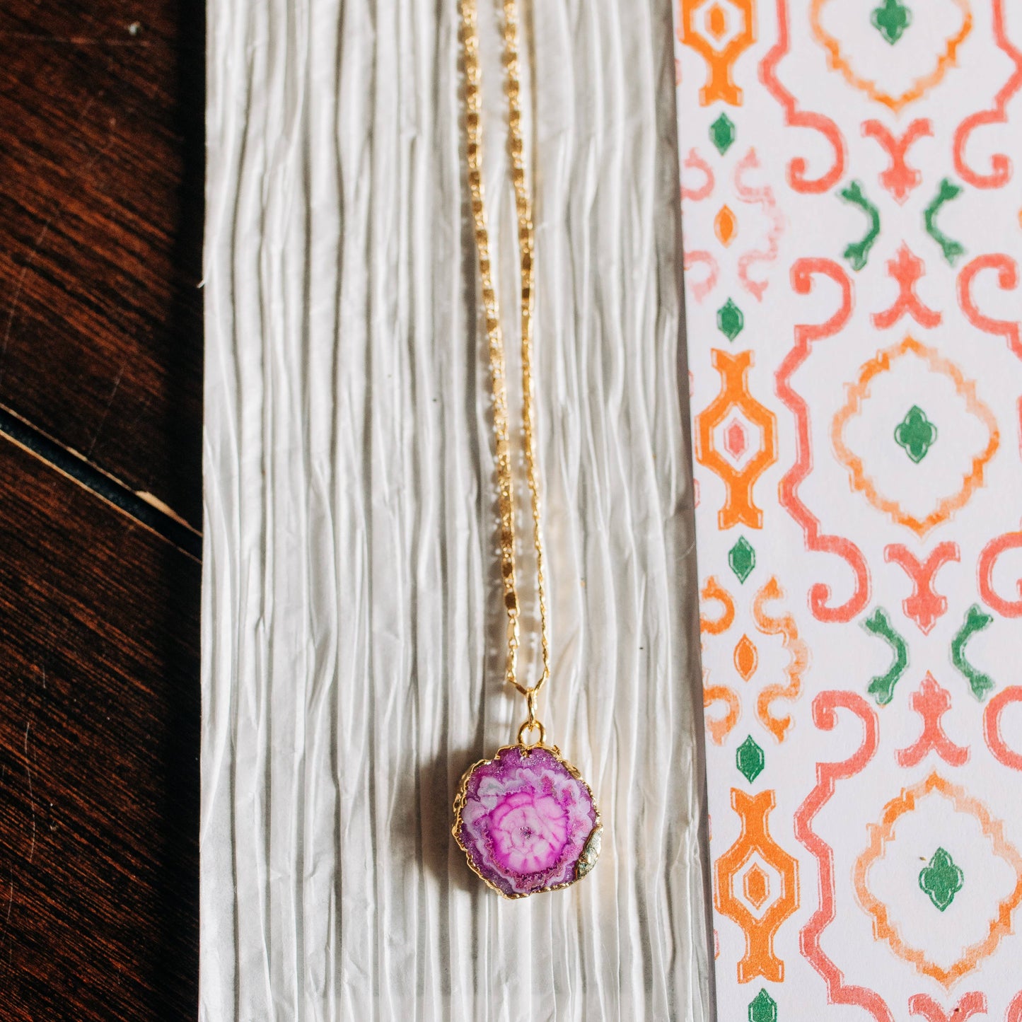 Wolf and Rose Collections - Pink Round Agate Pendant - Elements Berkeley