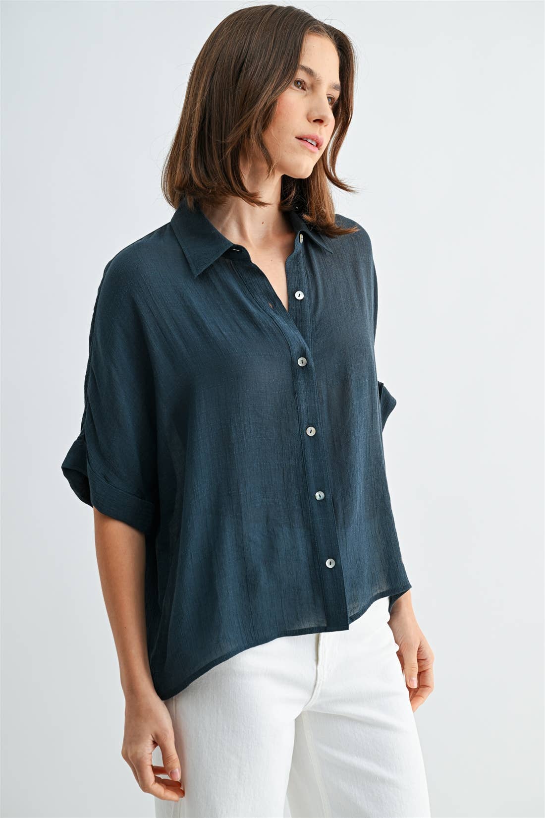 BUTTON DOWN DOLMAN SHORT SLEEVE TOP