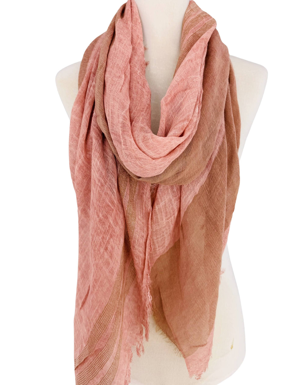 JC Sunny Fashion - JC021038 Textured Gauze Scarf Shawl – Soft Washed Colorblock Wrap with Subtle Distressed Dye & Raw Fringe Edges