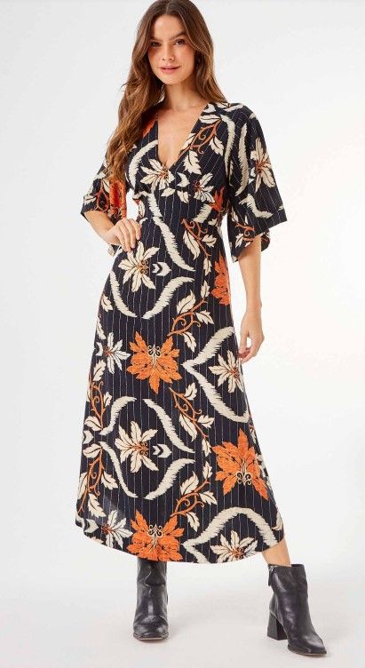 V-Neck 3/4 sleeve, tie back long dress