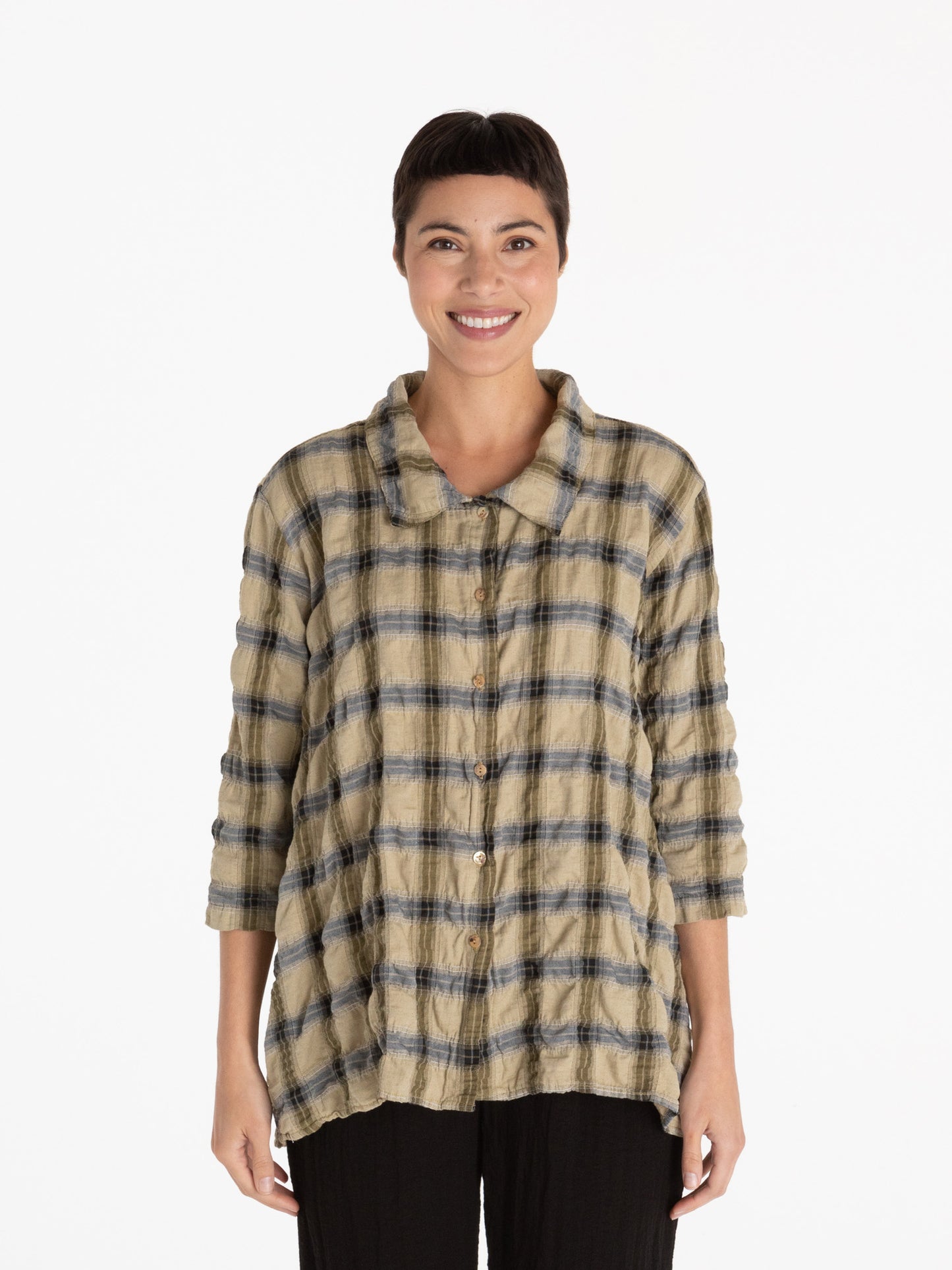 HIGH LOW SHIRT-CRINKLE PLAID