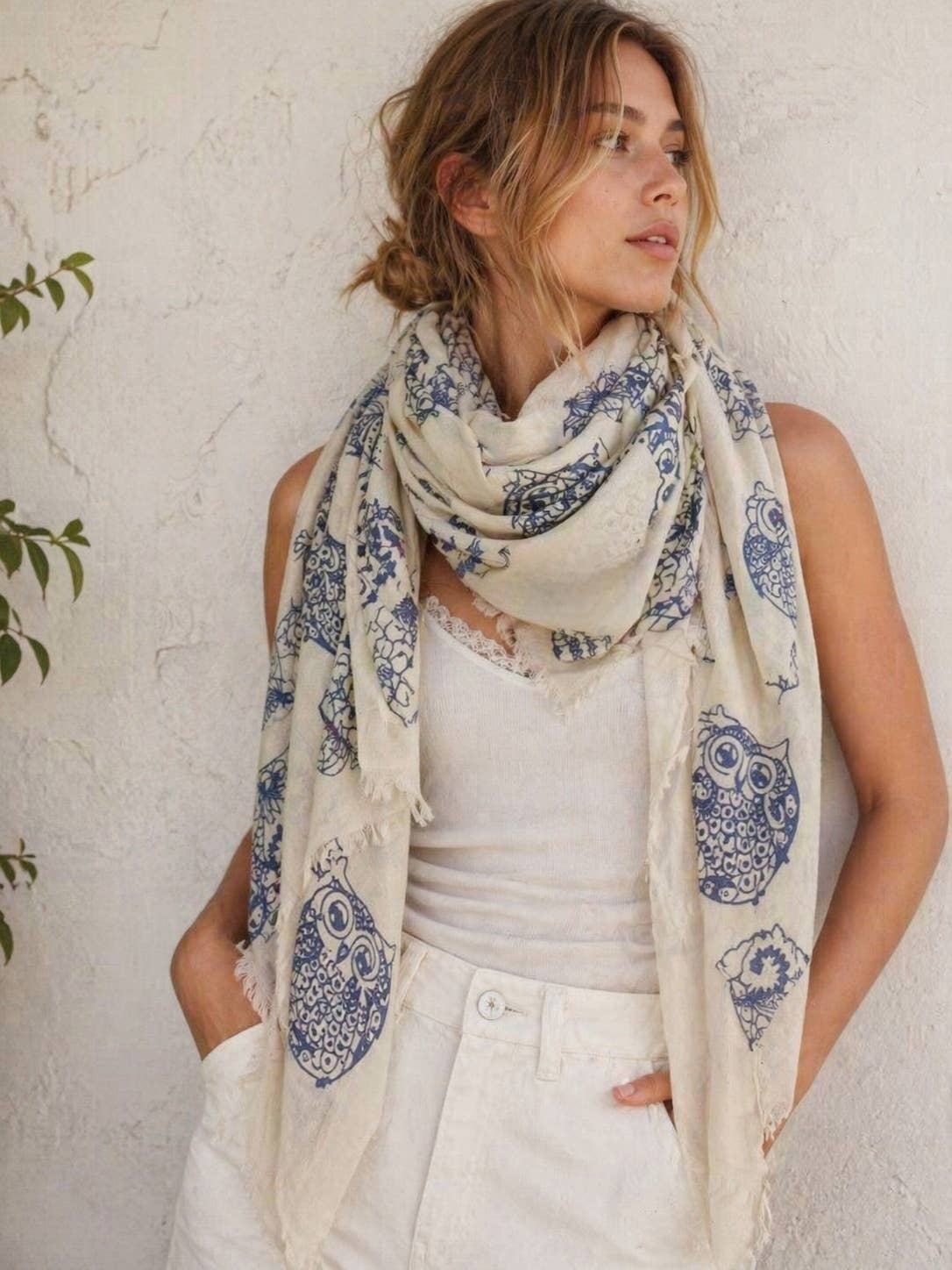 JC Sunny Fashion - JC021249 Beige-Blue Owl Scarf