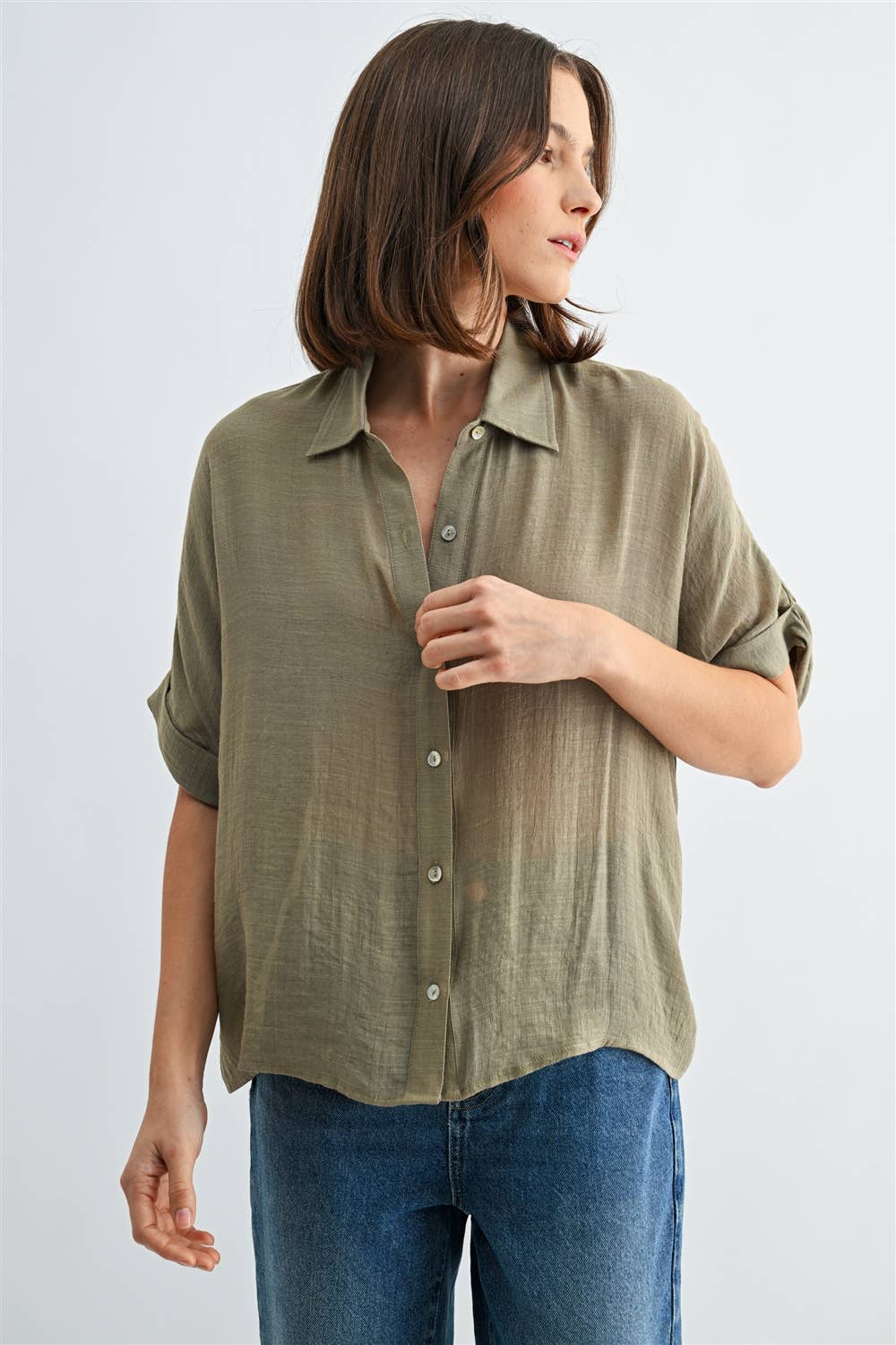 BUTTON DOWN DOLMAN SHORT SLEEVE TOP