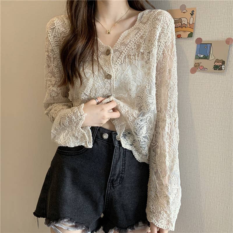 Hope & Sunshine - Crochet Cutout Long Sleeve Lace Mesh Top