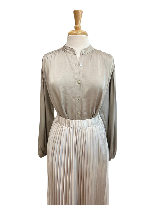 Button Front Mandarin Collar Satin Blouse