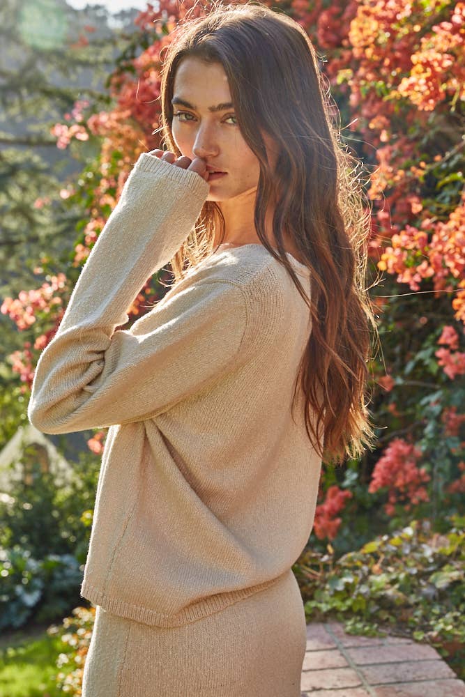 By Together - W2522T | Knit Sweater Cotton Button Down V-Neck Cardi