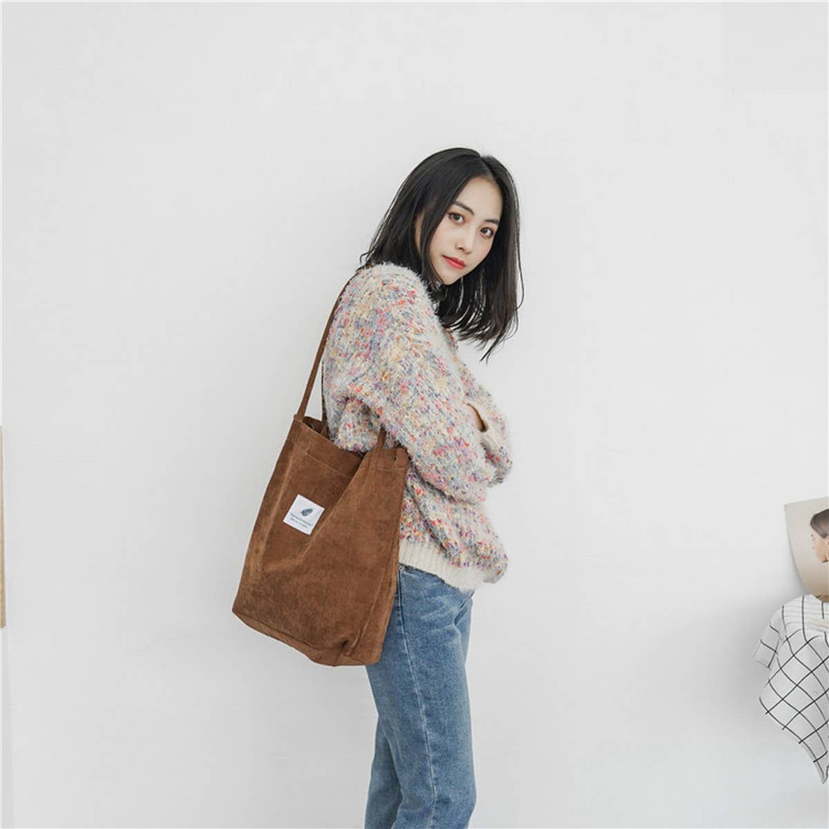 CORDUROY SNAP-BUTTON LARGE-CAPACITY SHOULDER BAG - NINEXIS